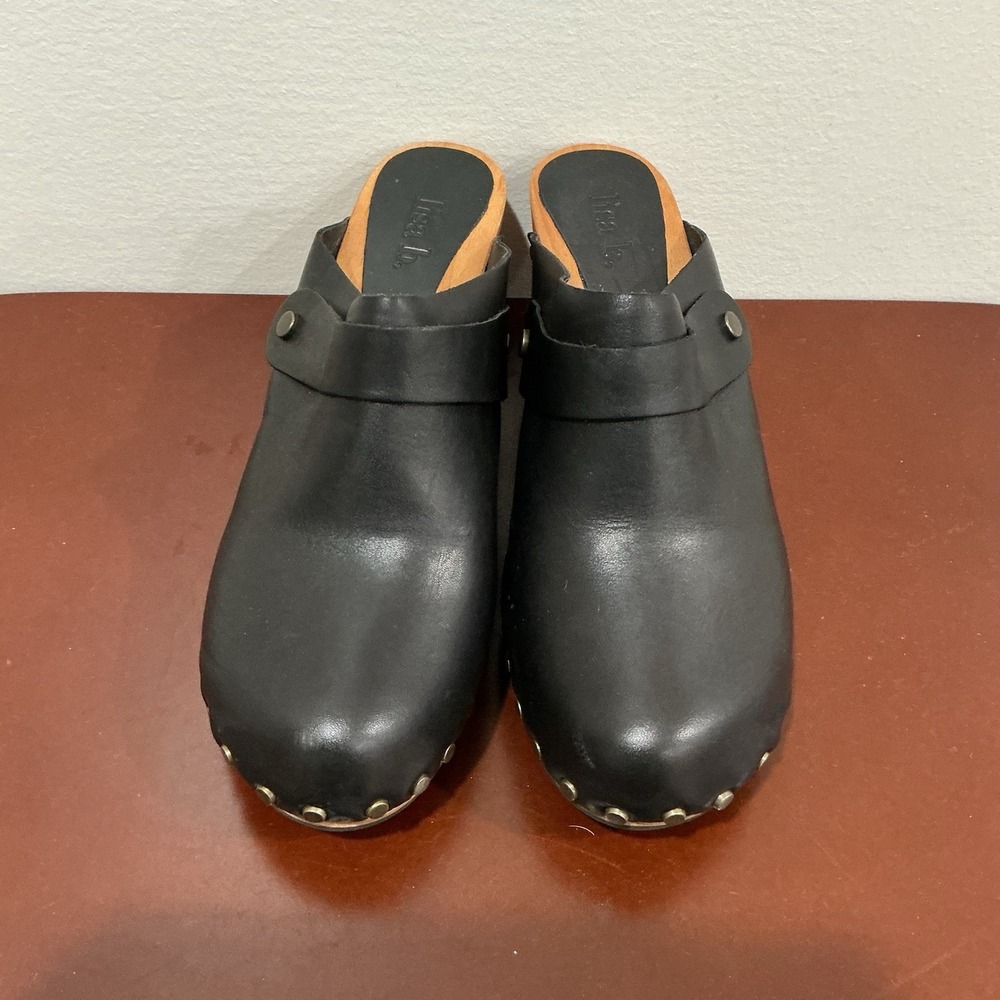 LISA B Black Leather Clog Mules with Wood Heel Boho Rivets Size EU 39 - 8.5 - Picture 3 of 7